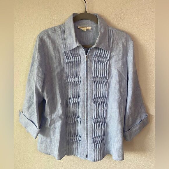 Coldwater Creek 100% Linen Pintuck Zip Front Blouse L Petite Lagenlook Beach - Picture 1 of 5